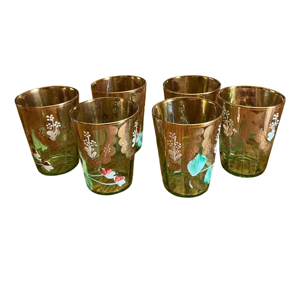 Vintage Bohemian Green Glass Pitcher & 6 Glasses Hand Painted Floral Gold Set - Picture 13 of 16